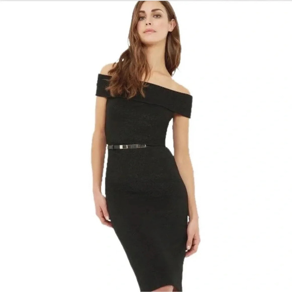 Ted Baker Vindy Bardot Knit Off The Shoulder Bodycon Sheath Shimmer Dress size 4 - Picture 1 of 10
